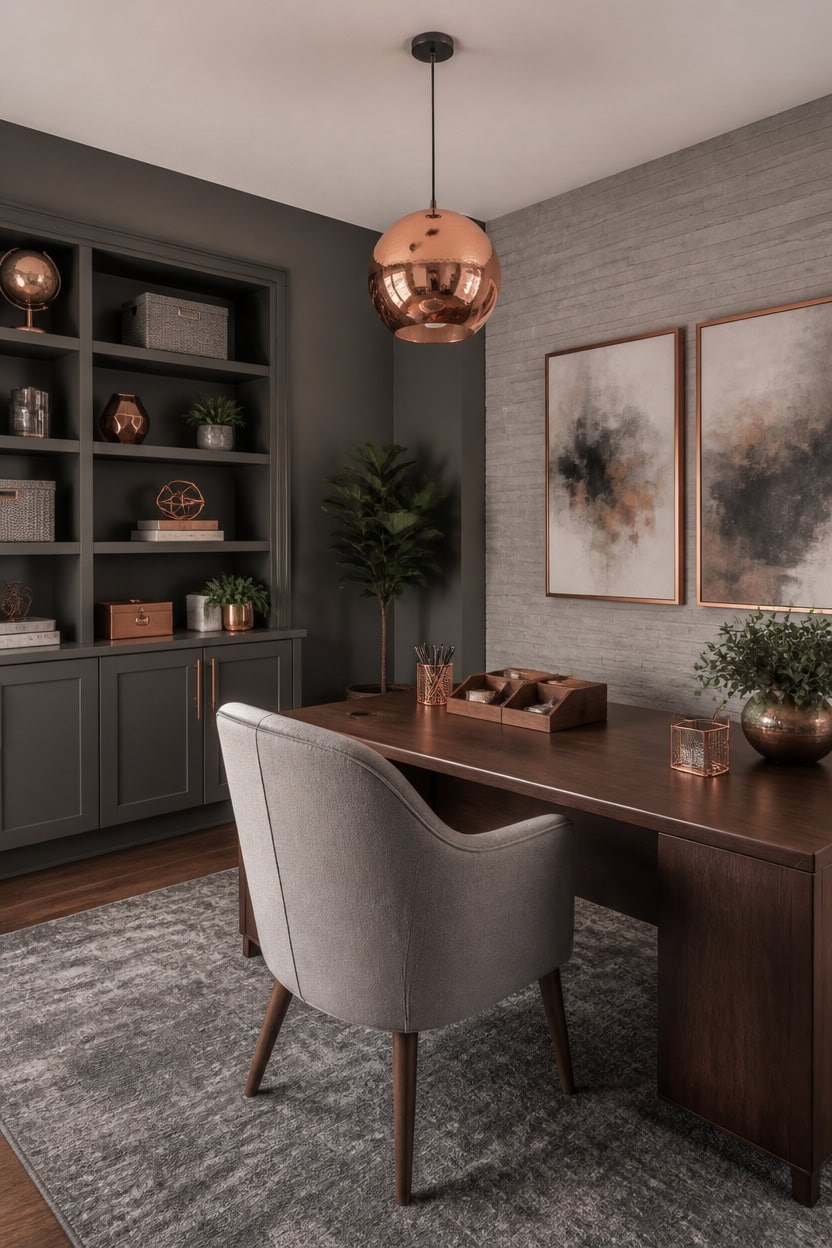 gray walls copper accents