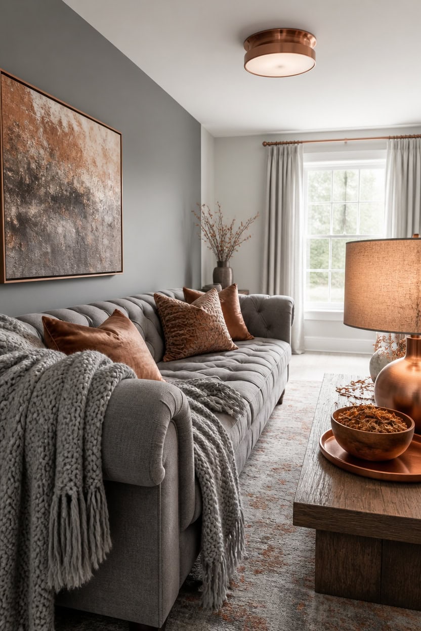 gray walls copper accents