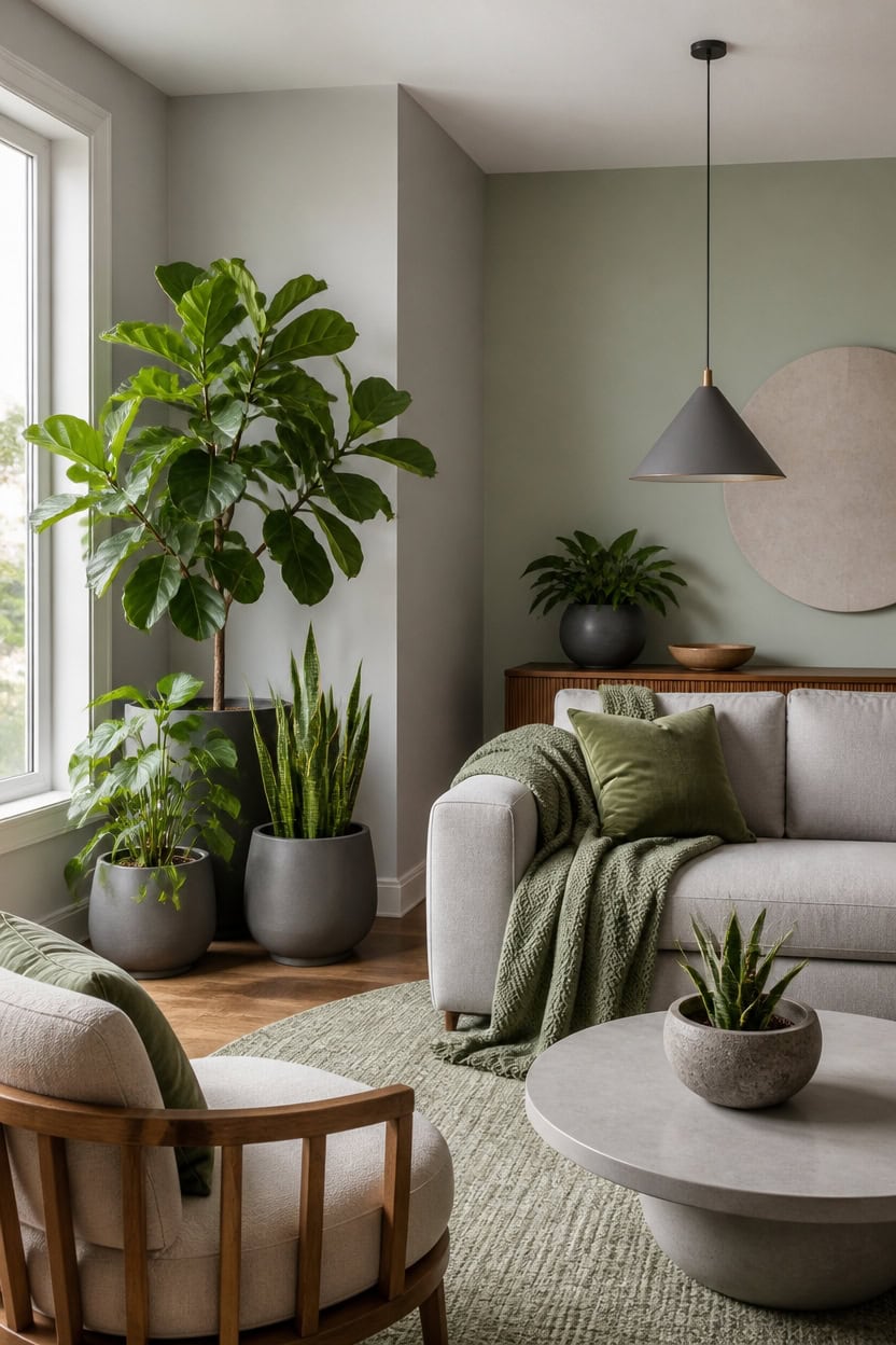 green gray room with plants