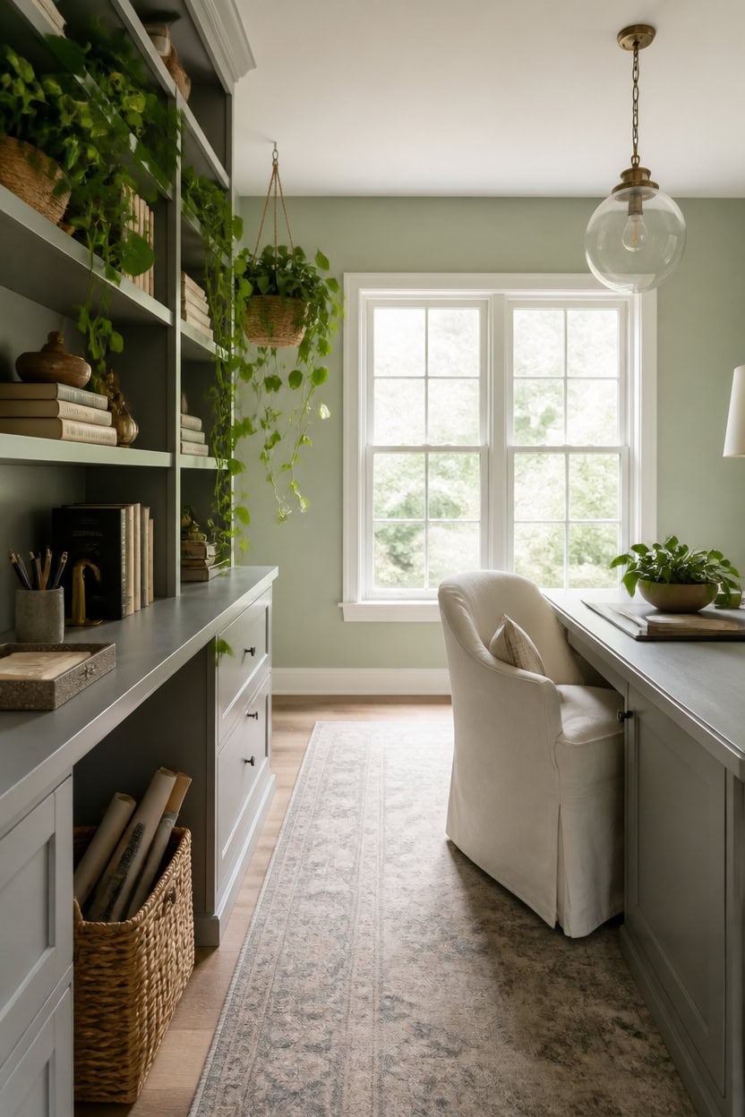 green gray shelved office vignette