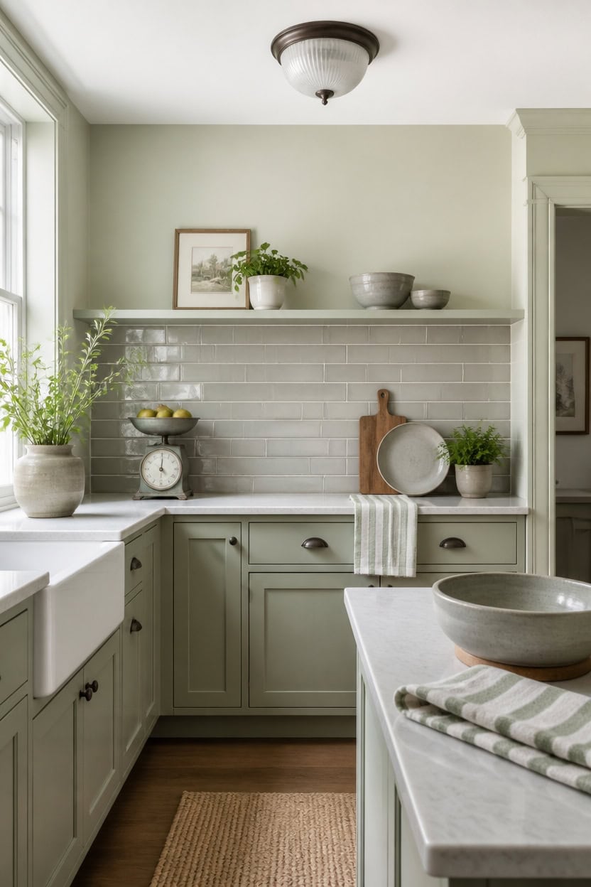 green gray subway tile vignette