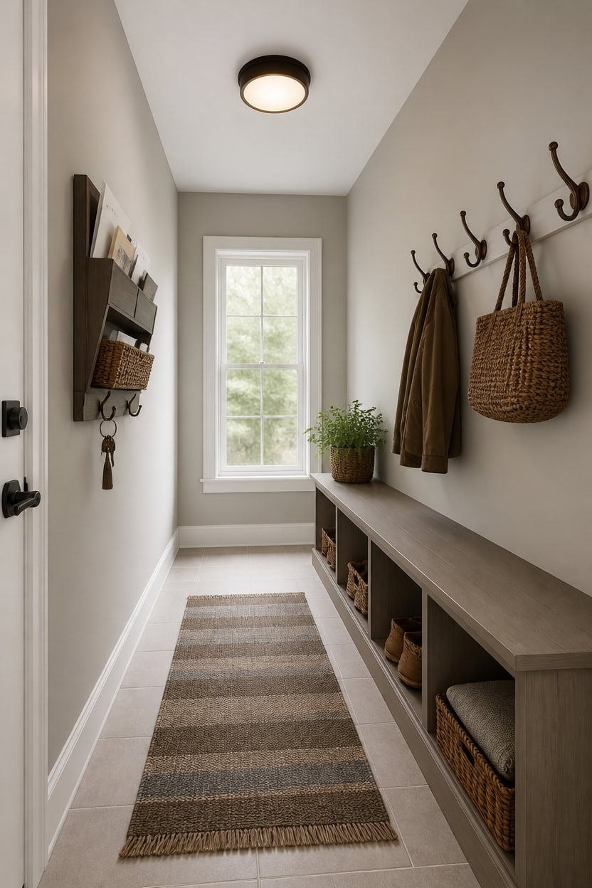 grounded gray and brown mudroom
