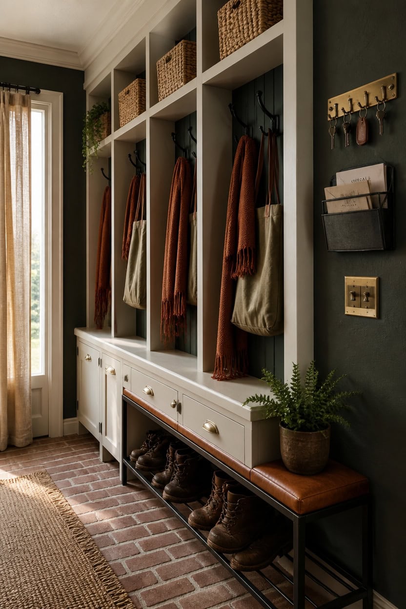 Mudroom with hooks, storage baskets, and a bench for shoes and accessories.