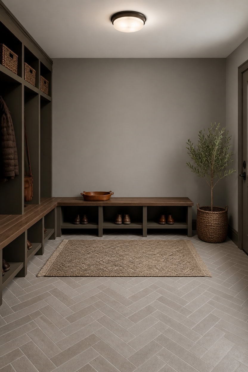 herringbone gray and brown mudroom
