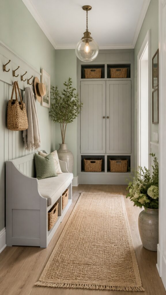 Light Green and Gray Hallways for Women Who Pause Before Walking In