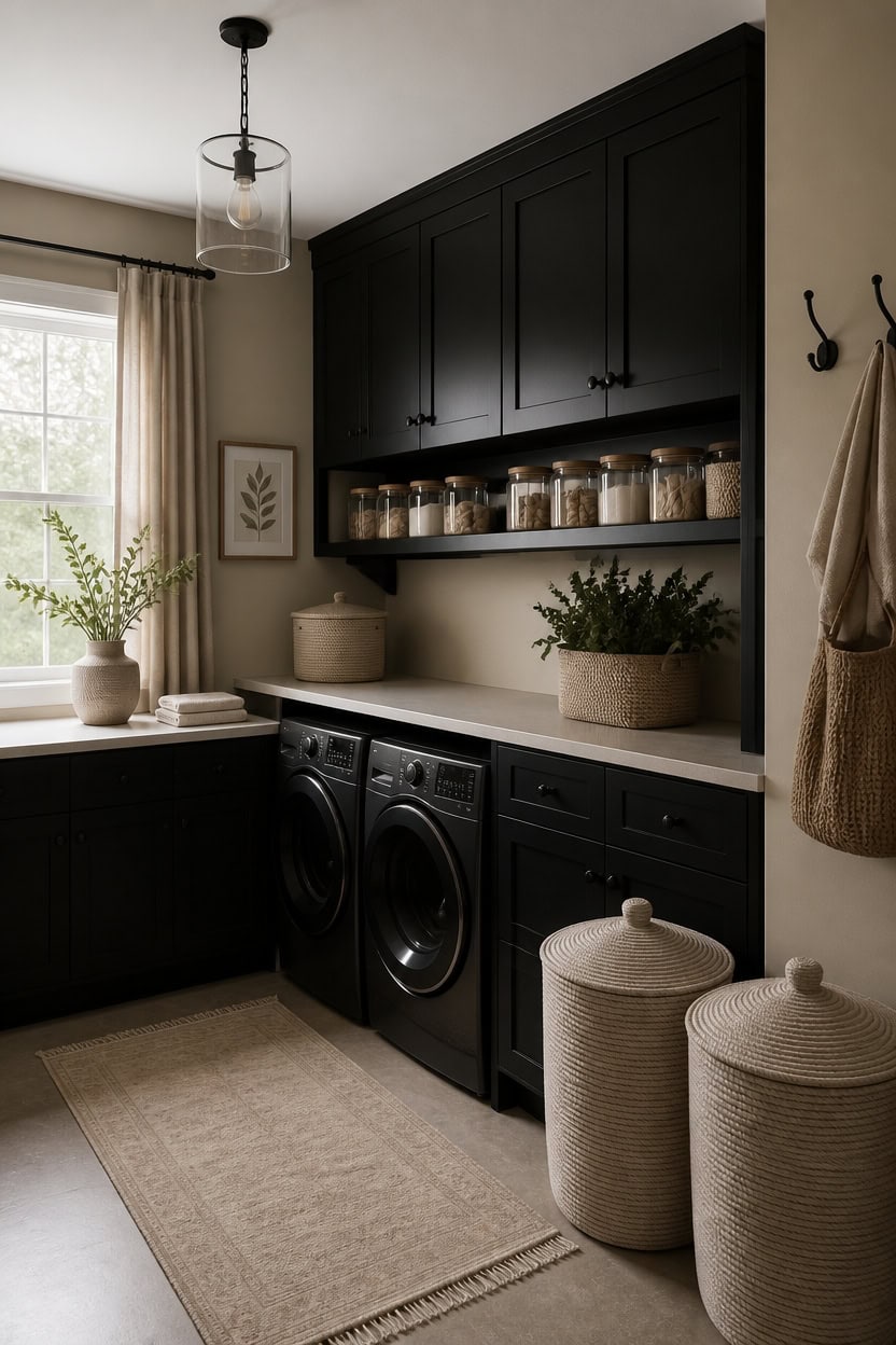 hidden black cabinets beige walls