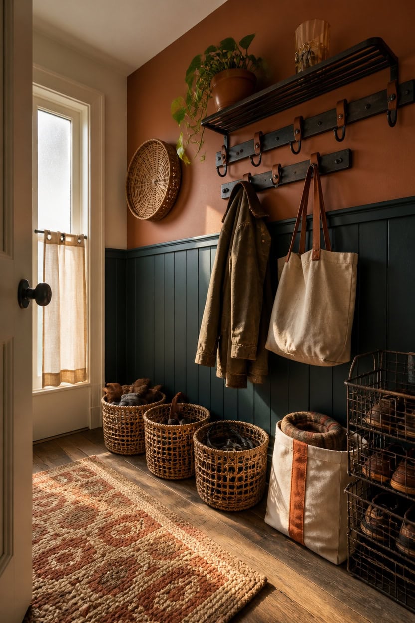Warm entryway with baskets, hooks, and a potted plant near a window.