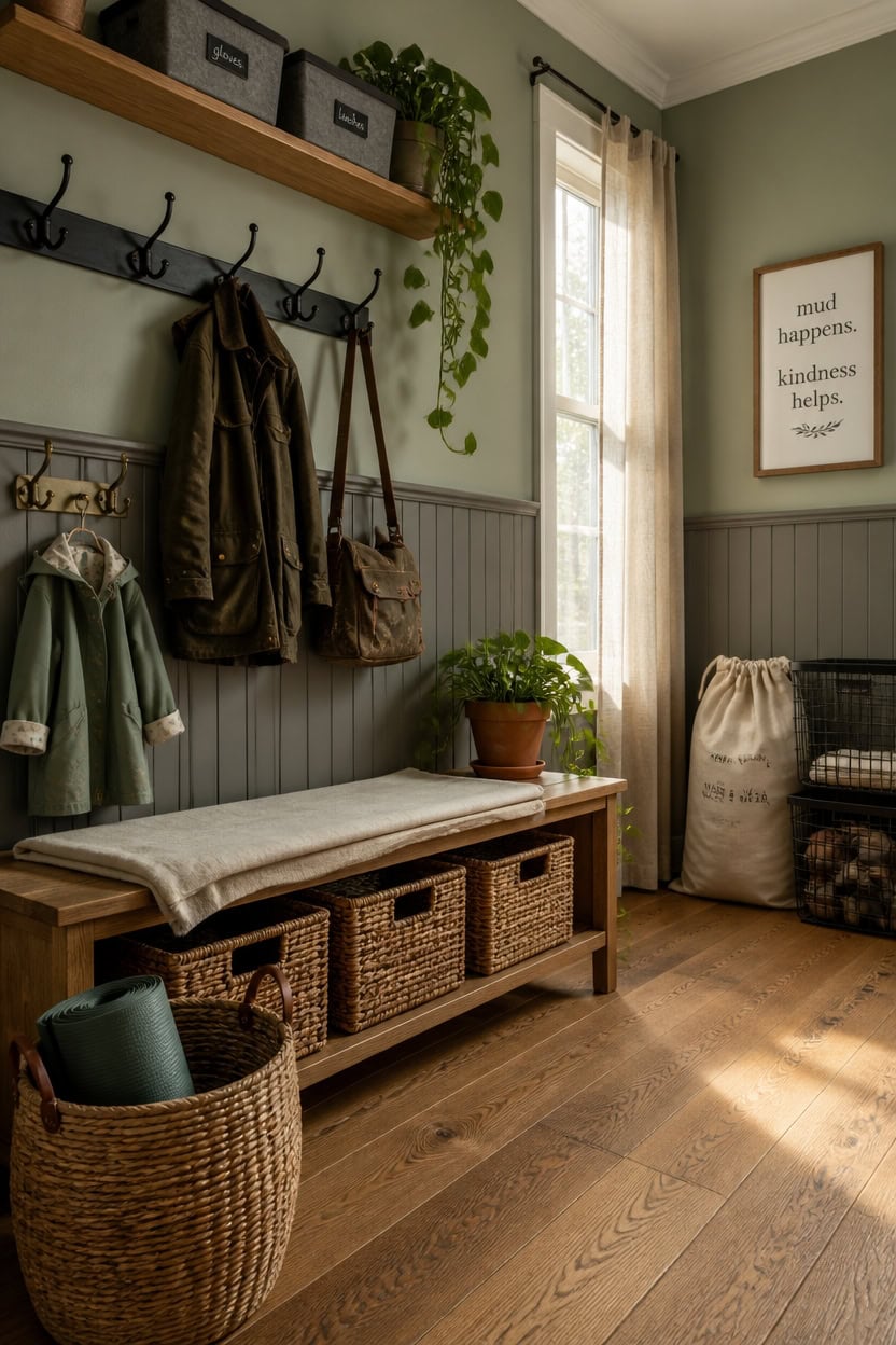 Inviting entryway with hooks, bench, plants, and natural light.