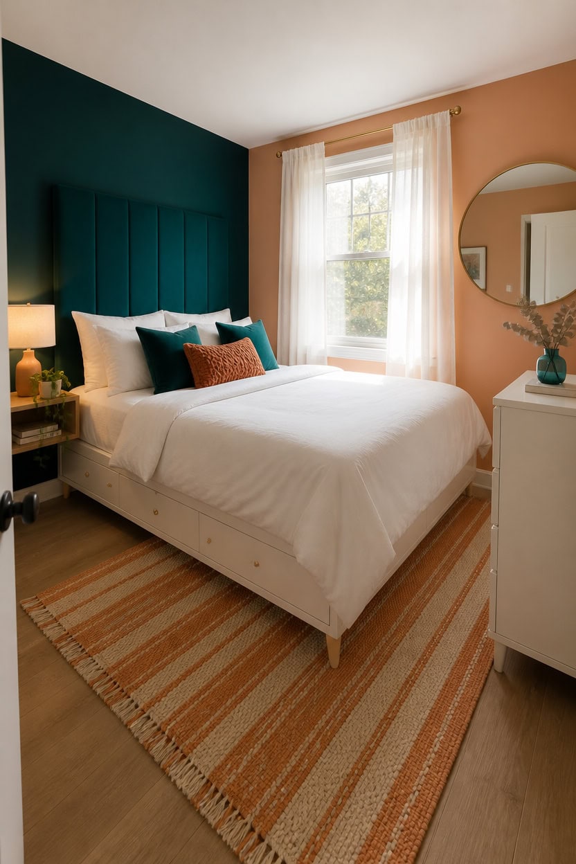 Bright bedroom with teal accent wall, white bedding, and natural light from window.
