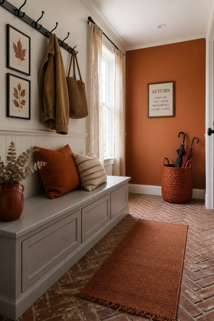 Warm entryway with autumn decor, bench, and umbrella basket.