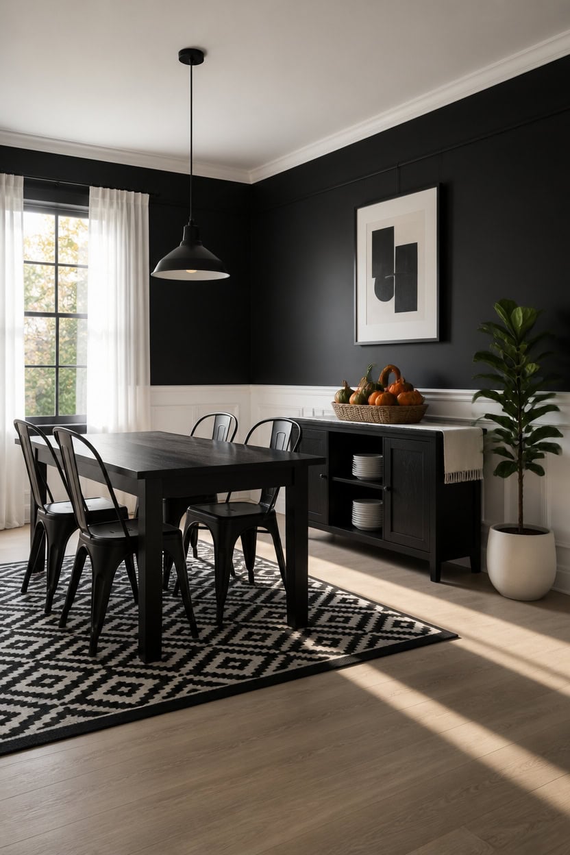 Stylish dining room with black wall, wooden table, and natural light.