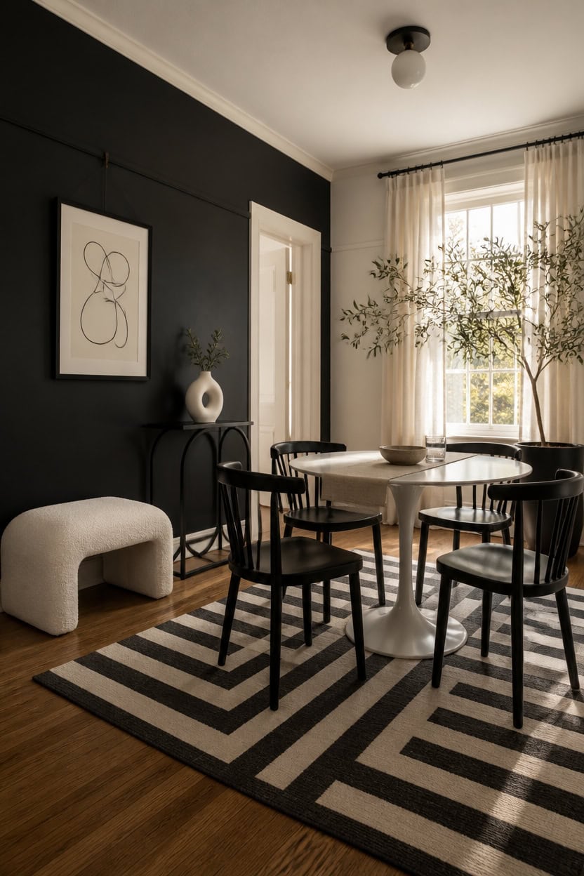 Elegant dining area with black chairs, round table, and striped rug.