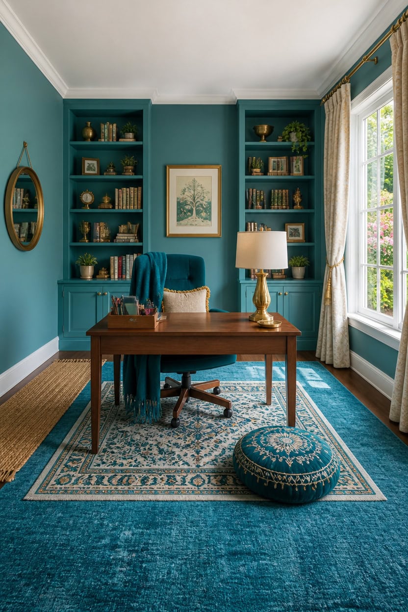 Stylish home office with blue walls, built-in bookshelves, and a wooden desk.