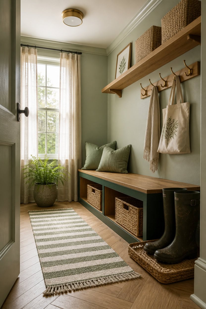 Bright entryway with window, bench, and storage baskets for apartment.