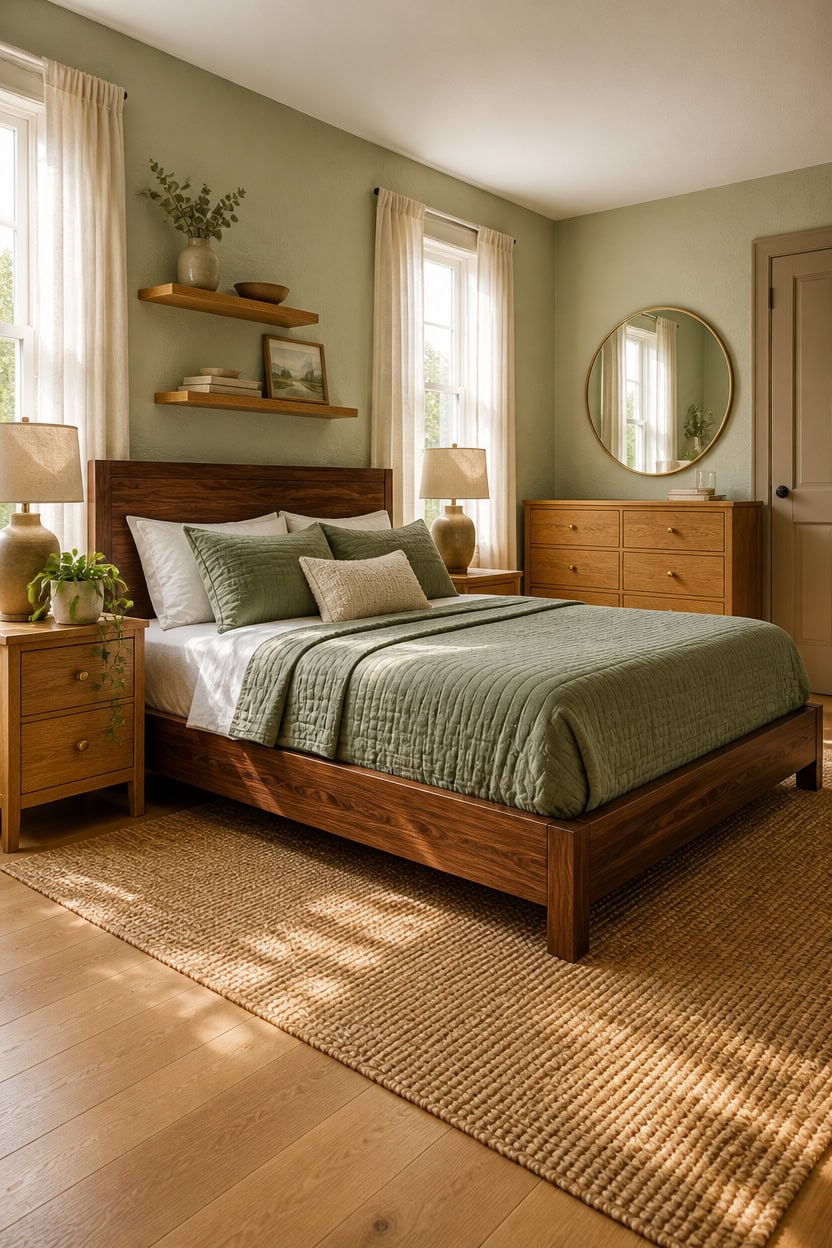 Bright bedroom with green bedding, wooden furniture, and natural light from windows.