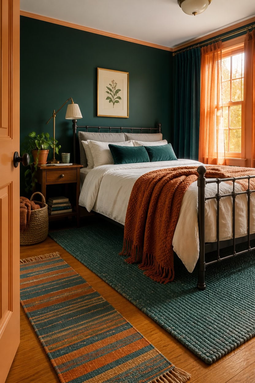 Comfortable bedroom with green wall, large window, and stylish decor.