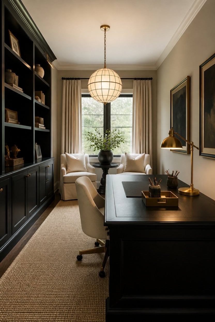 layered beige and black workspace lighting