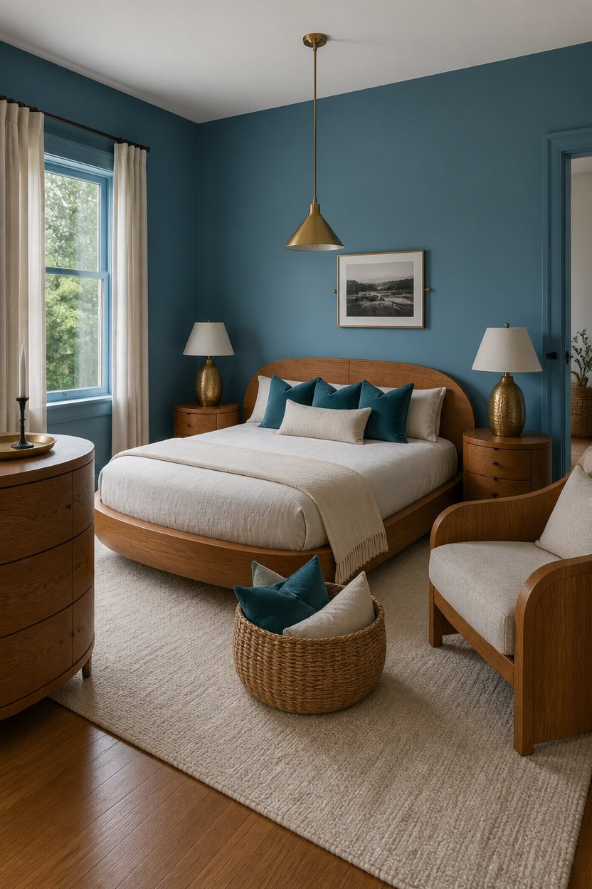 Cozy bedroom with blue walls, wooden furniture, and natural light.