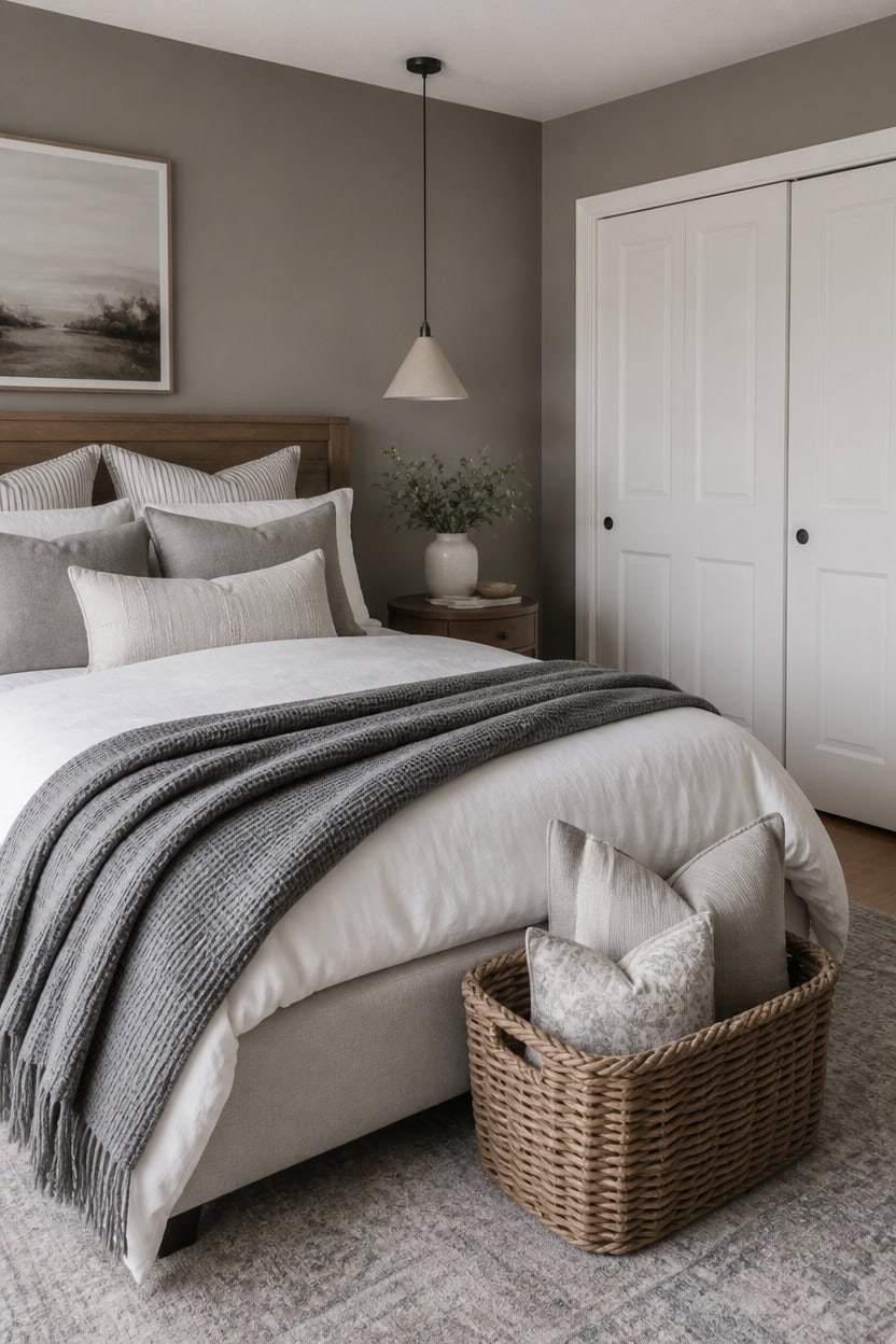 layered gray and white bedroom scene