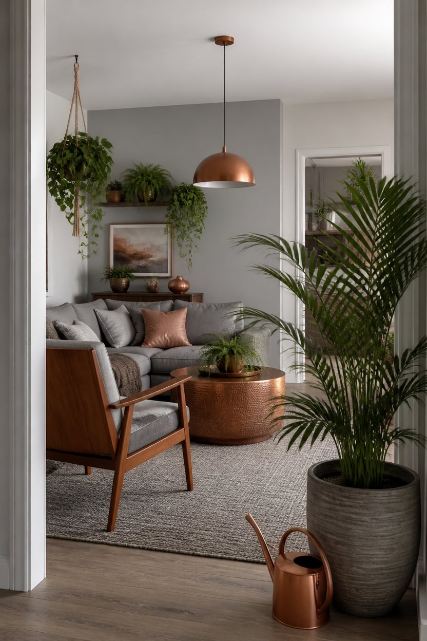 layered greenery warms gray copper