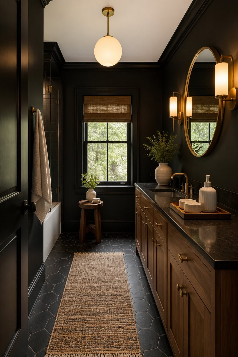 layered warm lit black bathroom