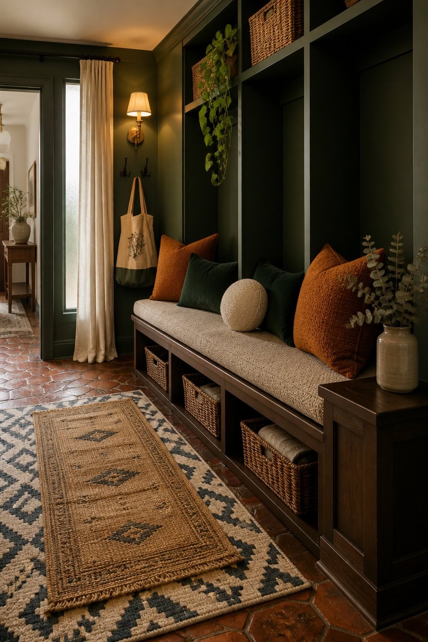 Stylish entryway with built-in bench, cushions, and decorative shelves.