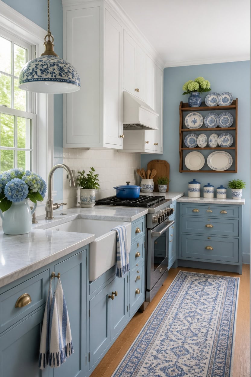 light blue galley kitchen ambience