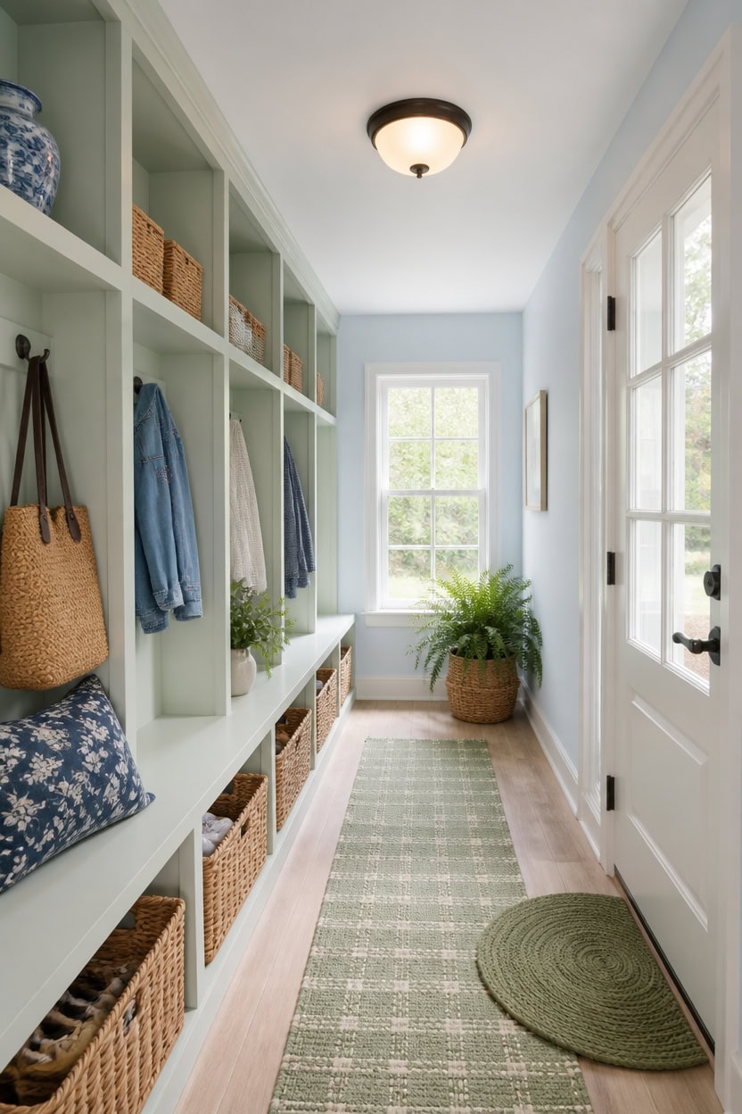 light blue green entryway storage