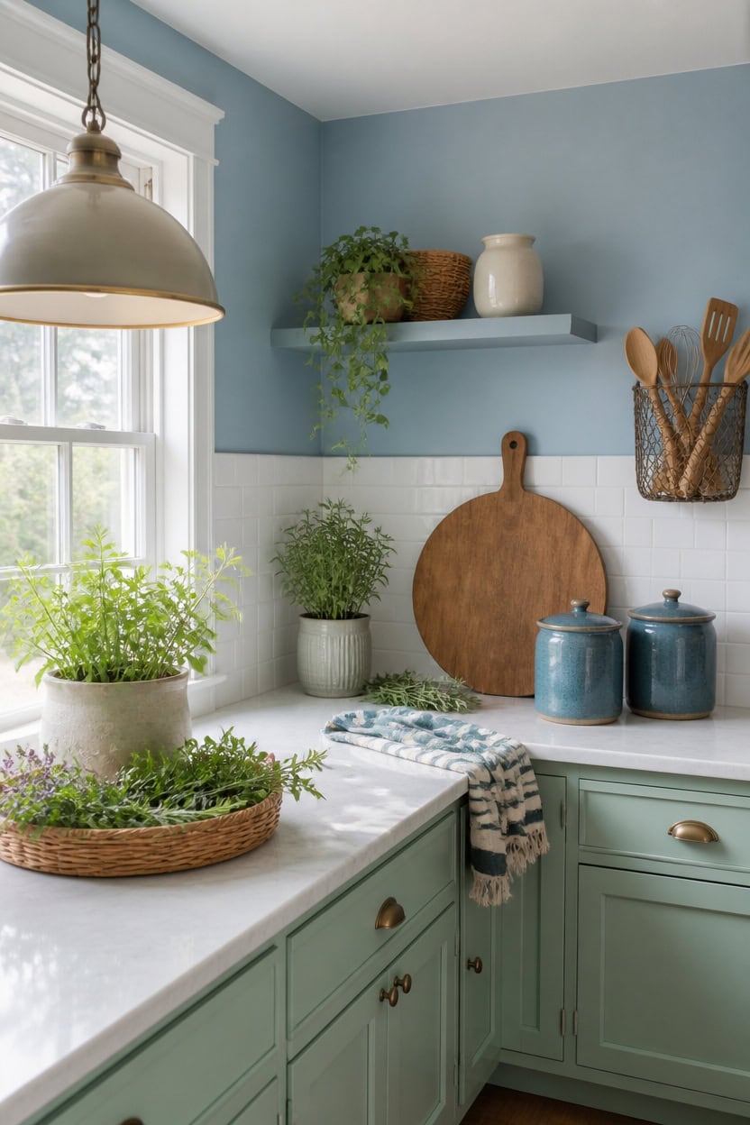 light blue green herbed kitchen