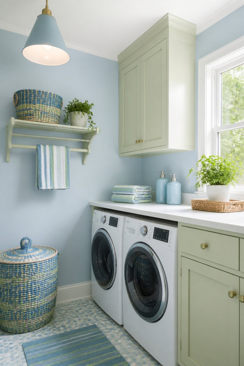 light blue green laundry nook