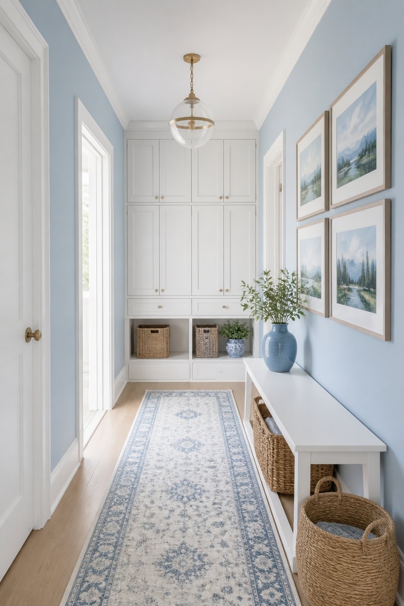 light blue hallway with whitetrim