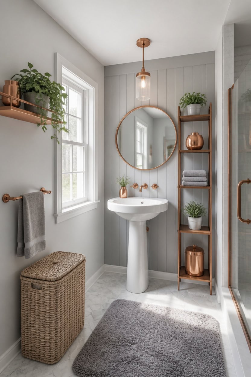 light gray bathroom with copper