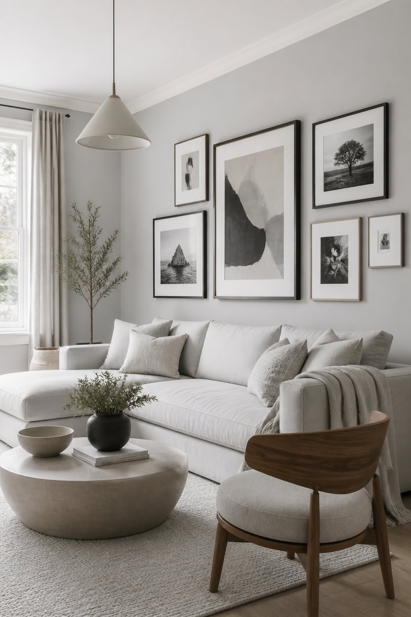 light gray gallery over sofa