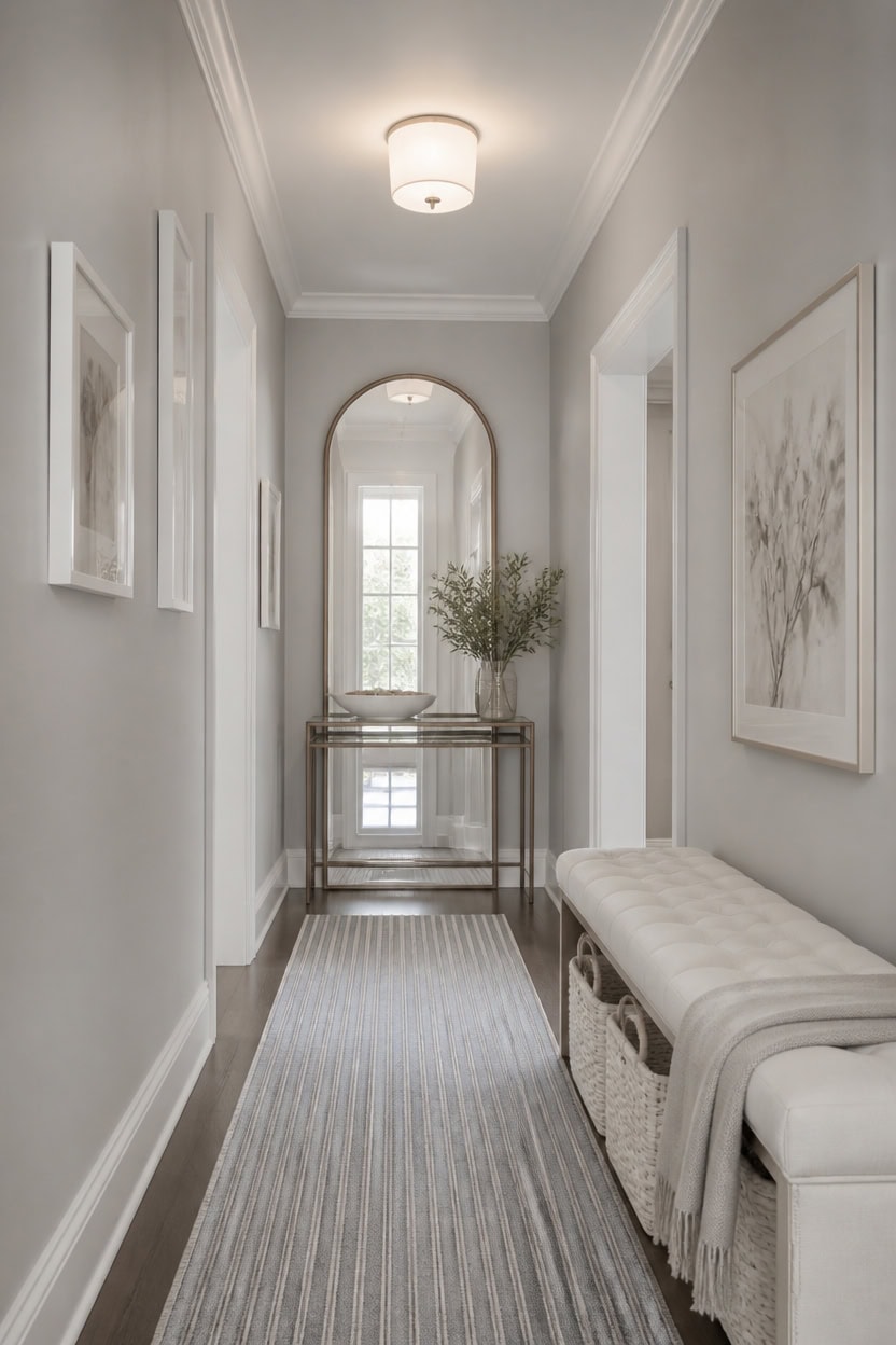 light gray hallway with mirror