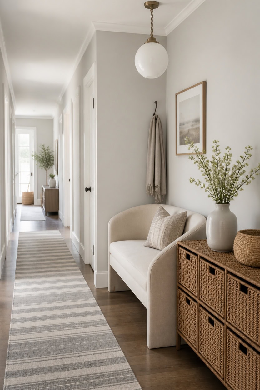 light gray hallway with wicker