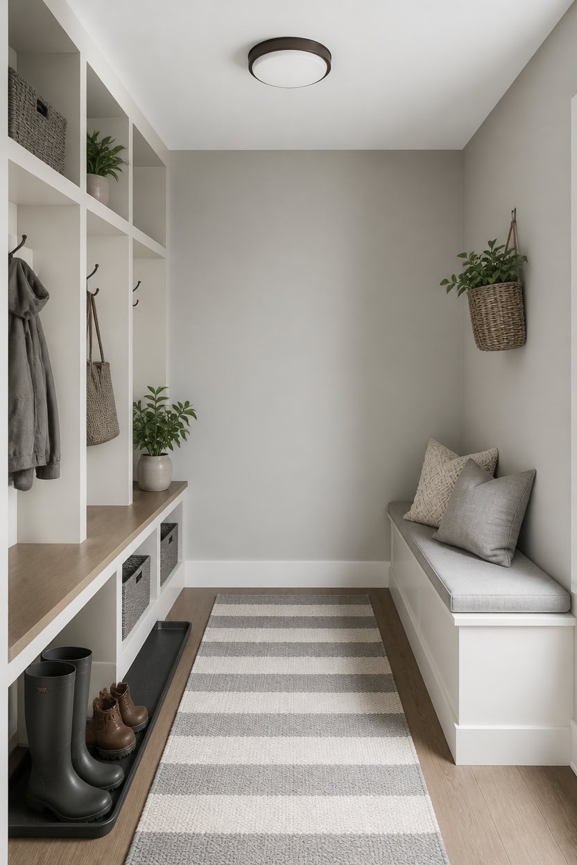 light gray mudroom bright cubbies