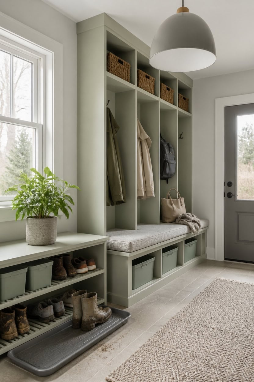light gray mudroom drying solution