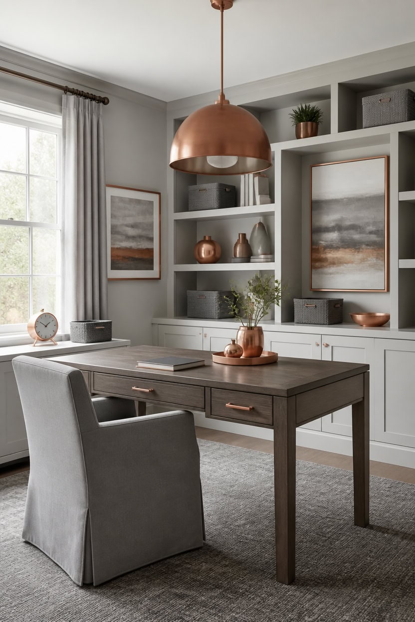 light gray office with copper