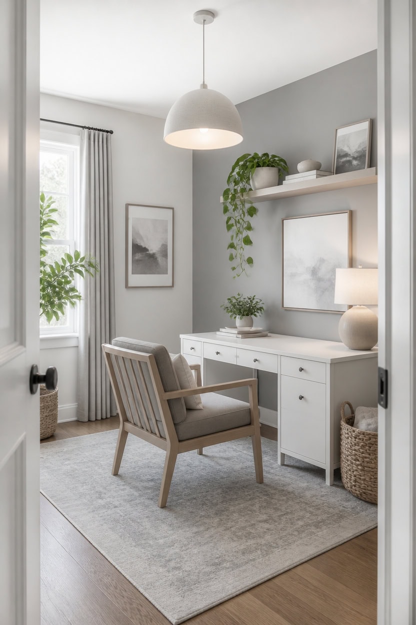 light gray office with greenery