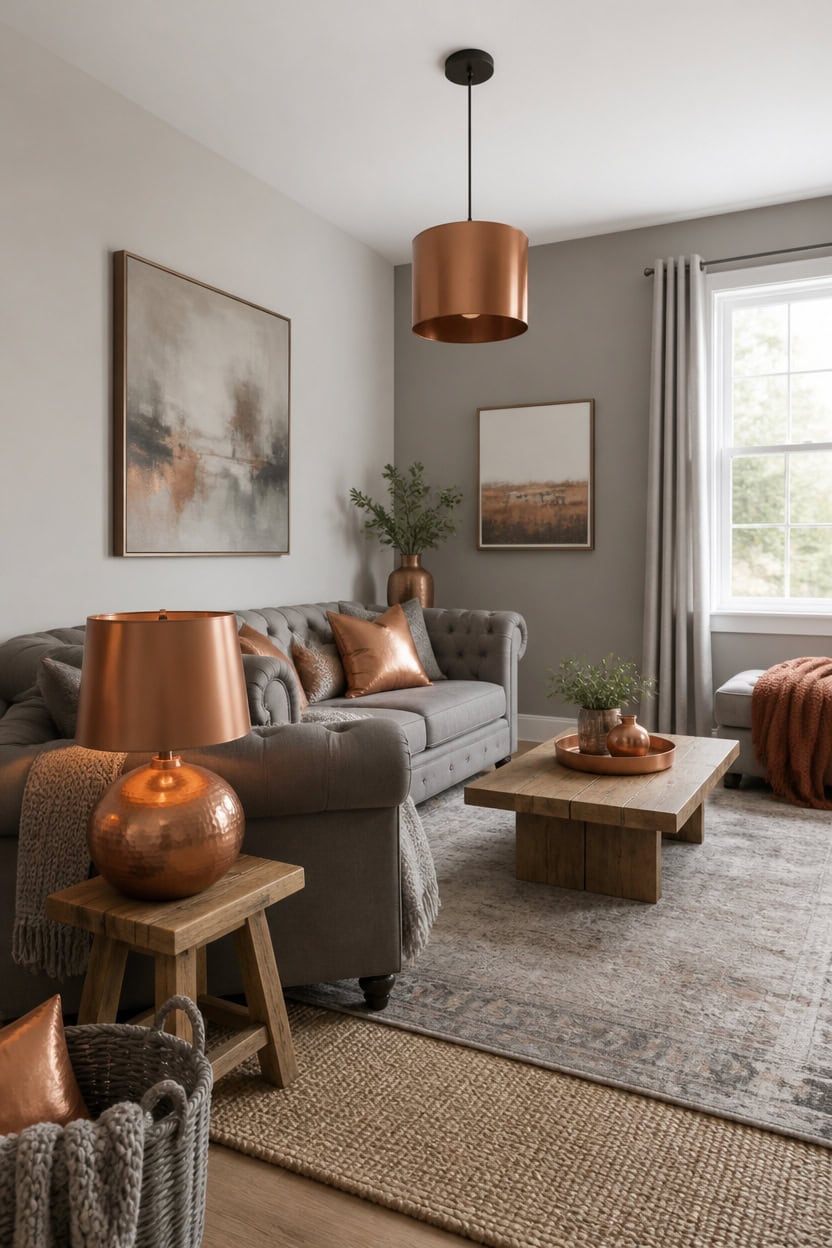 light gray room with copper