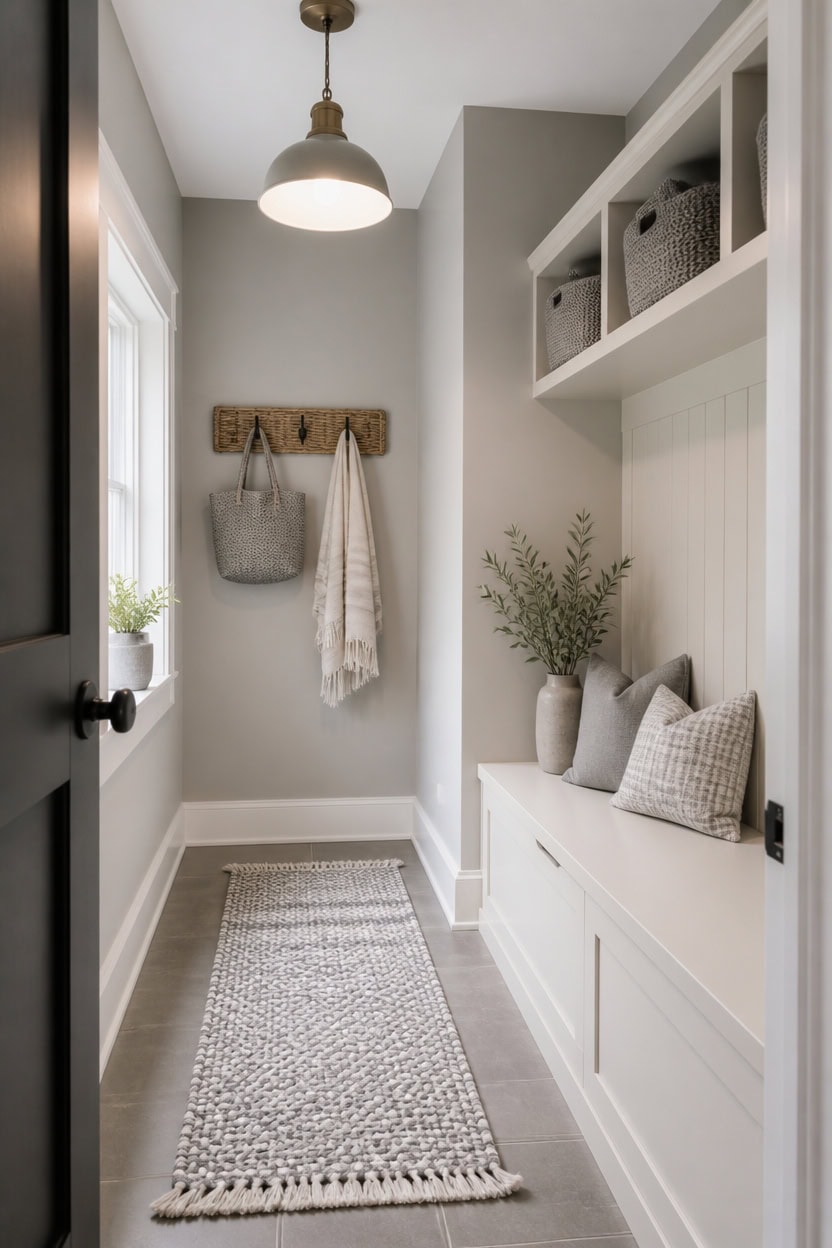 light gray slim storage bench
