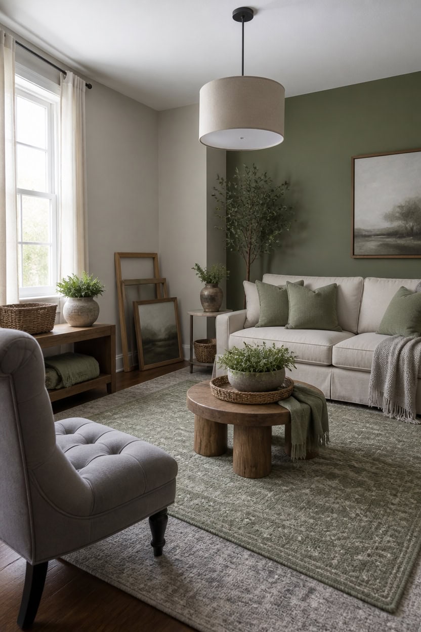light gray walls green accent