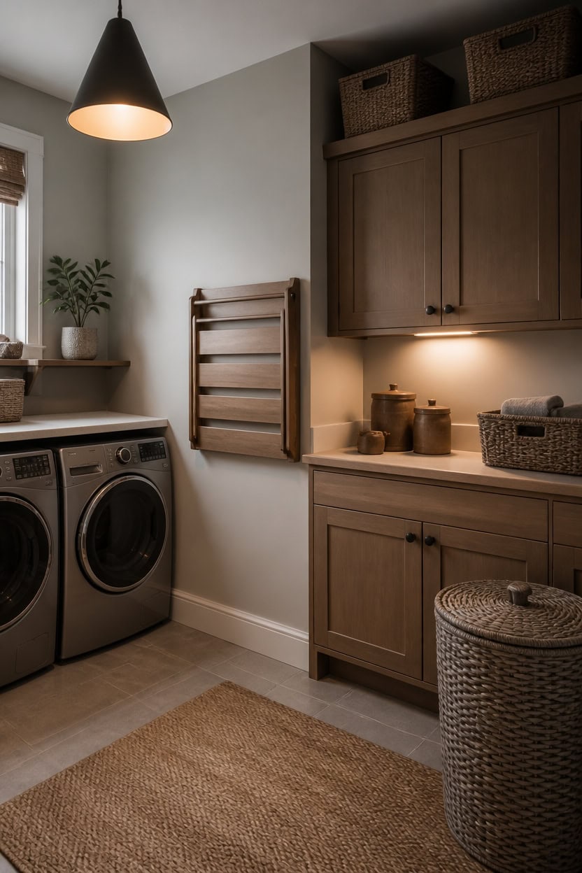 light gray walls warm cabinets