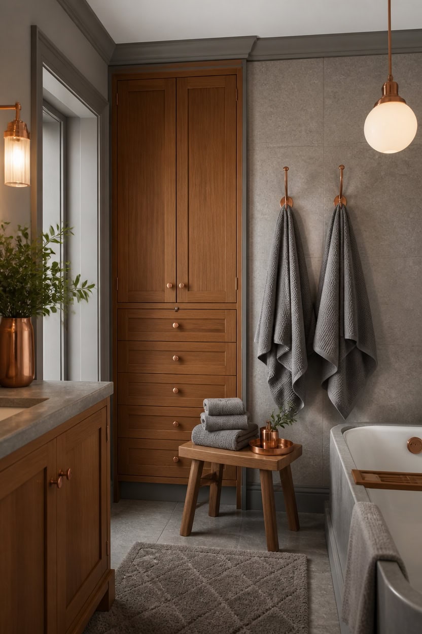 light gray walls warm wood