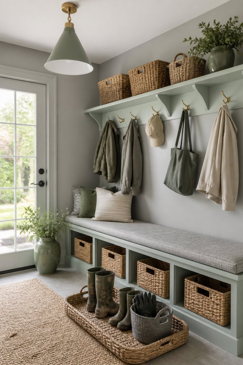 light green and gray mudroom