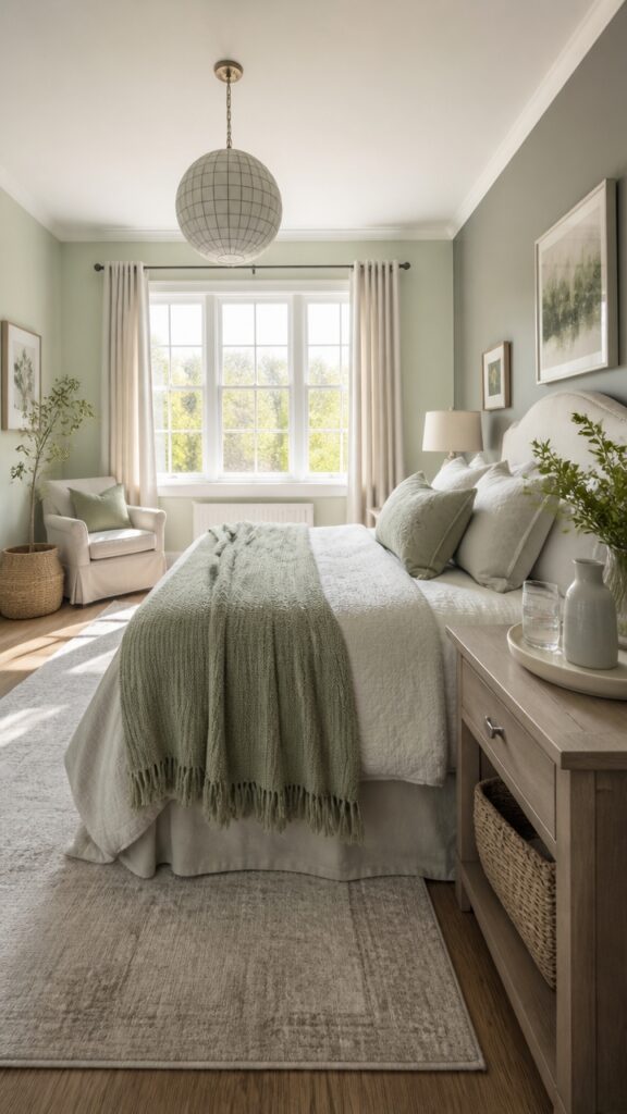 Light Green and Gray Bedroom for the Woman Who Keeps the Curtains Open on Purpose