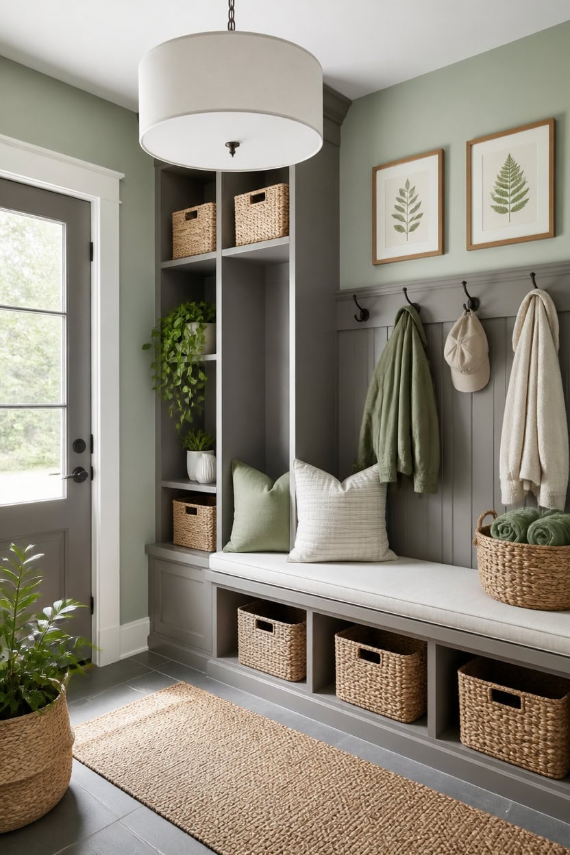 light green gray mudroom essentials