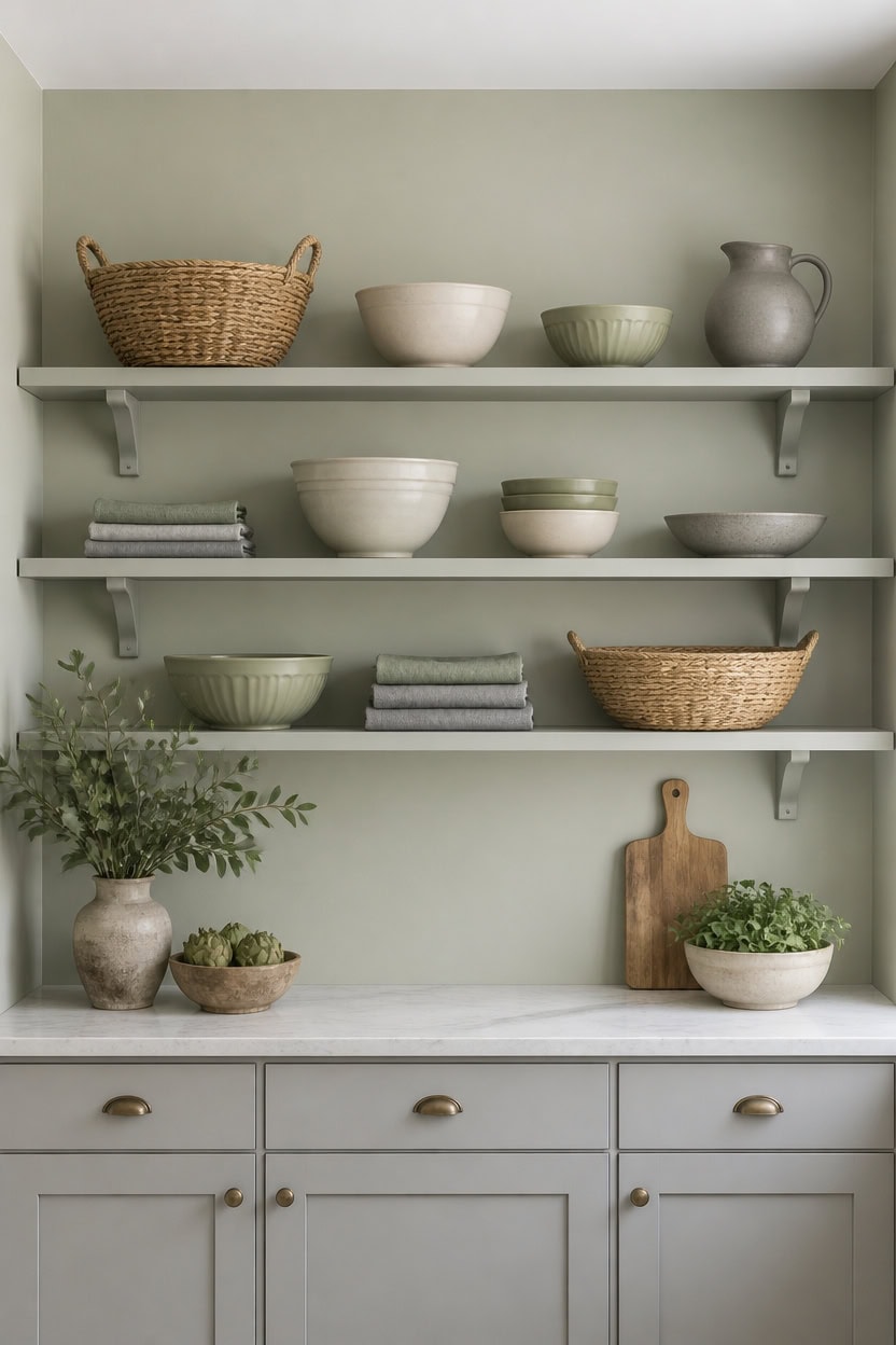 light green gray open shelving