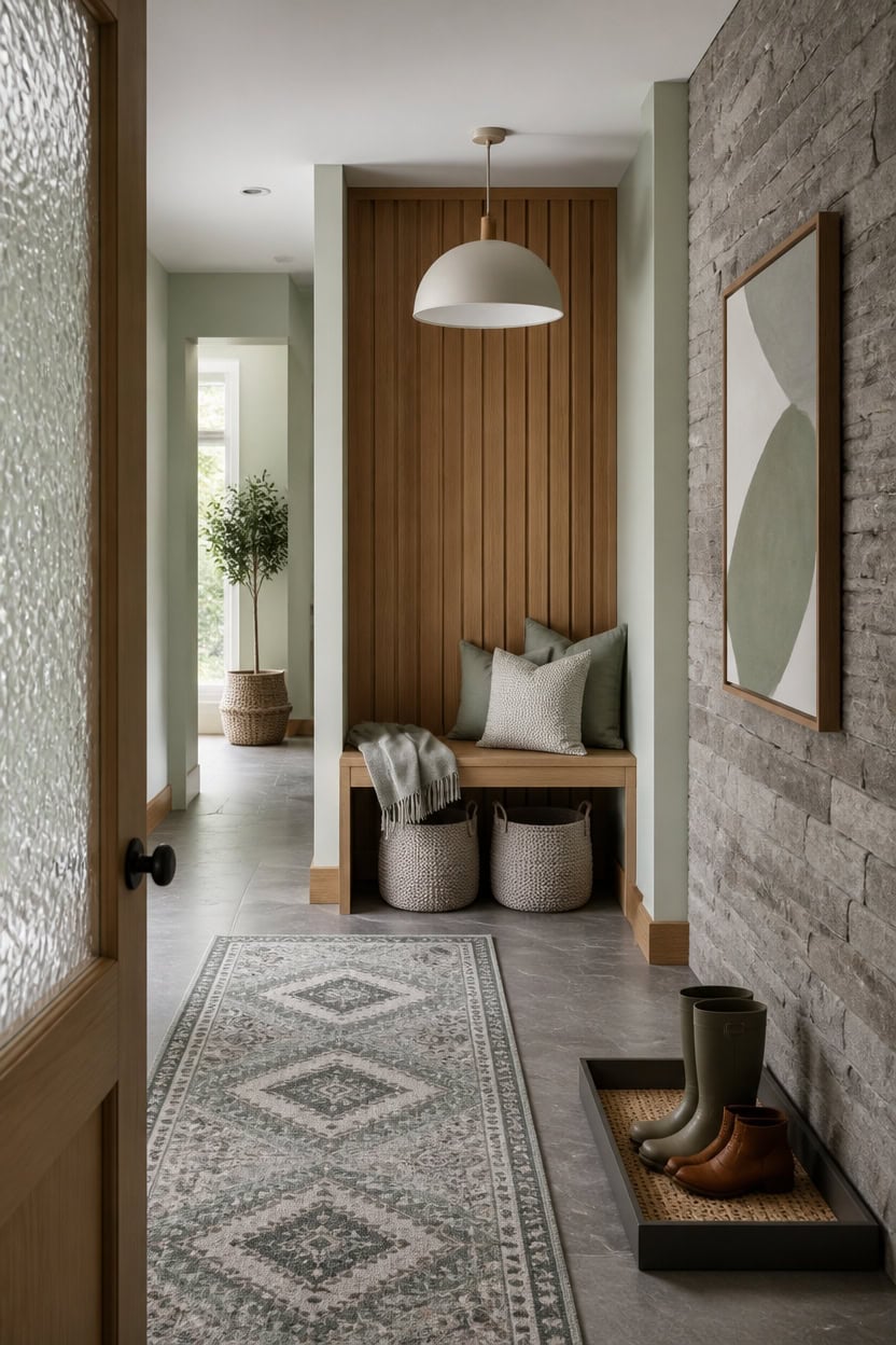 light green hallway with accents