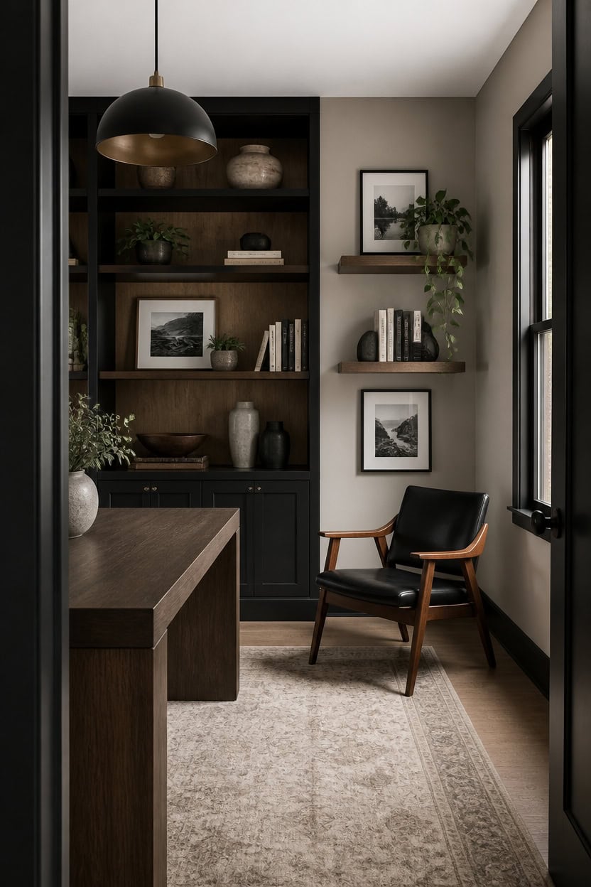 light greige walls black shelves